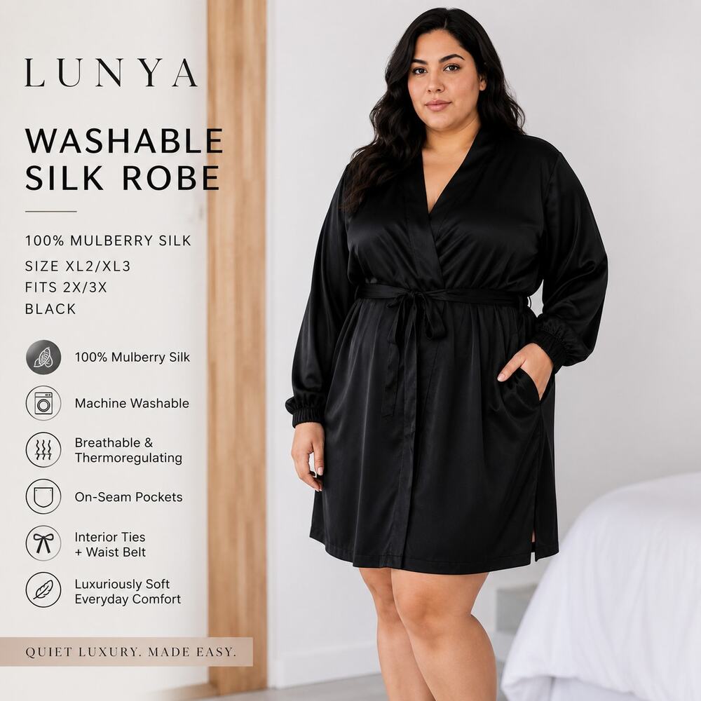 Lunya Washable Silk Robe Black XL2 XL3 2X 3X Mulberry Silk